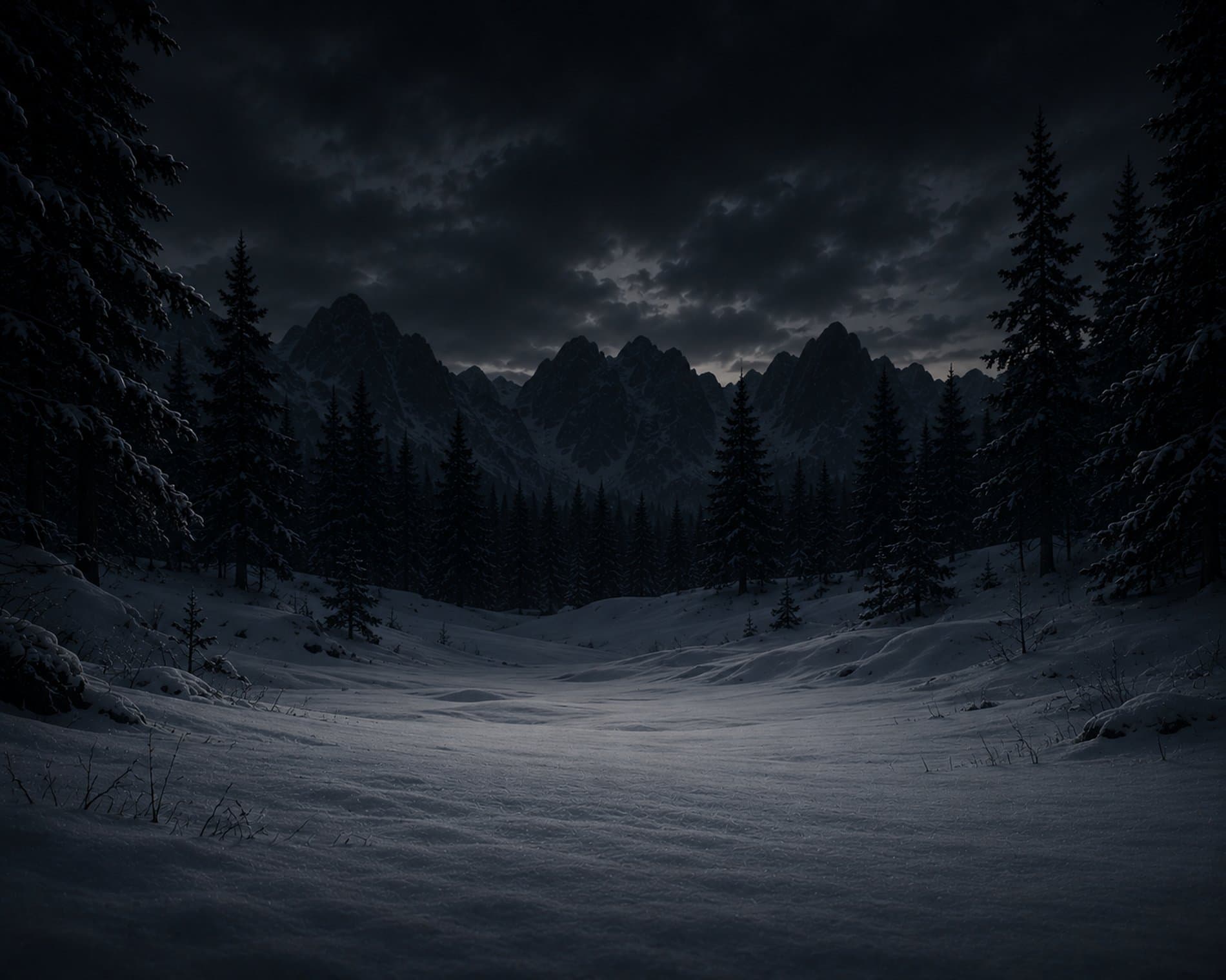 Ascent: a snow-covered clearing surrounded by dark forest and distant mountains
