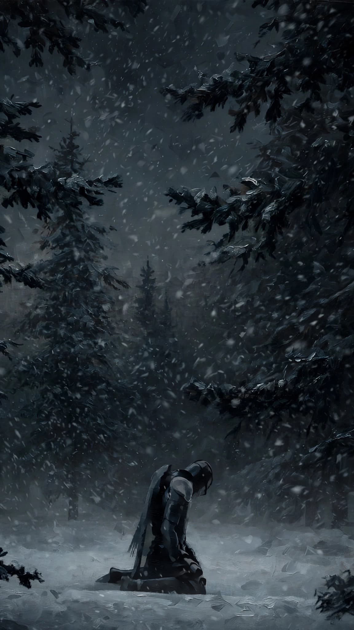 Chapter One — Ascent: a knight kneeling in a snow-covered forest as snow falls around them
